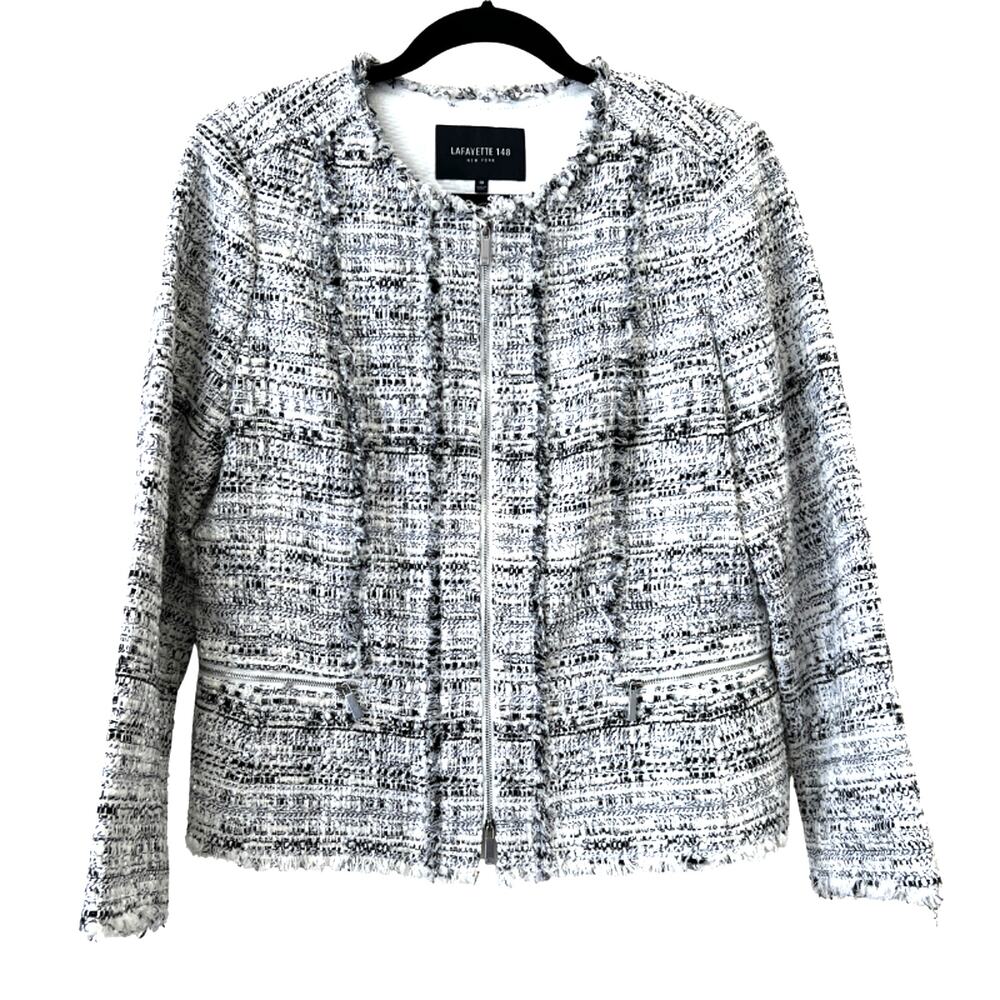 Lafayette 148 Noelle Black White Fringe Tweed Bouclé Zip Jacket Size 10